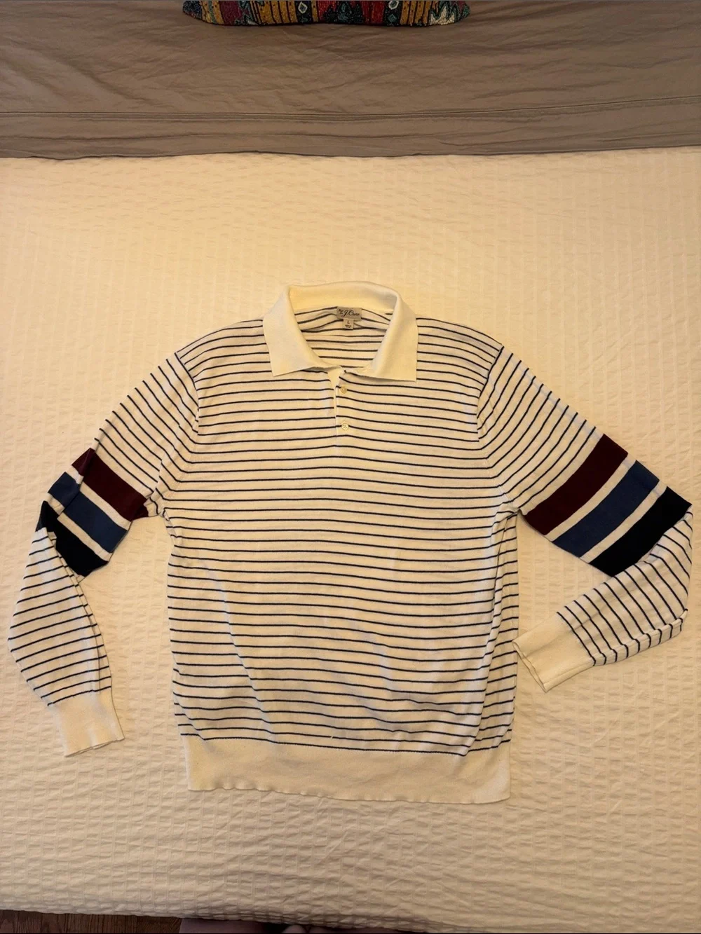 Men’s J.Crew L Striped Long-Sleeve Polo in White with Navy and Burgundy Accents